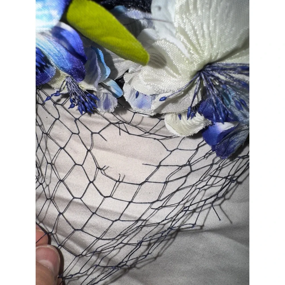 Vintage Luci Puci Bloomingdales Navy Straw Floral Pillbox Hat Birdcage‎ Veil 22